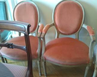 FRENCH LOUIS THE 16TH PINK SALMON ORANGE ARMCHAIRS.
