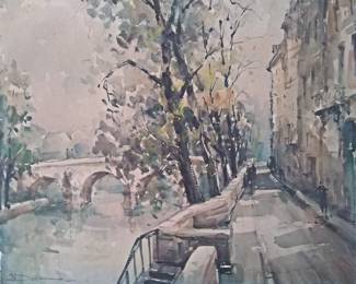 Listed Auction Records Signed watercolor Lucien Delarue Romantic Couples Walking Along The Paris River Seine Unframed?  $200 dollar high!