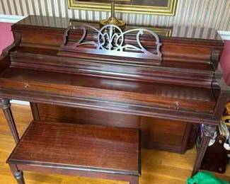 Everett Upright Piano, Piano Lamp, Framed Picture And Piano Books