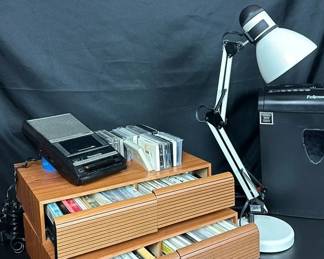 Desk Lamp, Paper Shredder, Lot Of Cassette Tapes And Recorder 