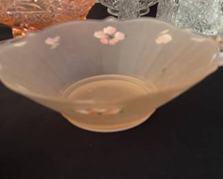 Vintage Frosted Pink Glass Bowl with Reverse Painted Flowers