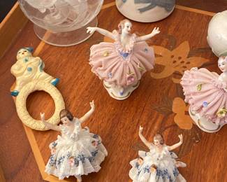 Porcelain Figurines, Inlaid Wood Tray