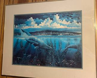 Robert Lynn Nelson Framed Print of Whales and of Lahaina.  Looks like Lahaina with the West Maui Mountains and the Sugar Cane Smokestacks.  This view doesn't exist anymore.  