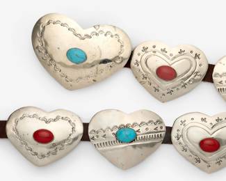 64. Mexico Heart Concho Belt with Turquoise, Coral and Stampwork