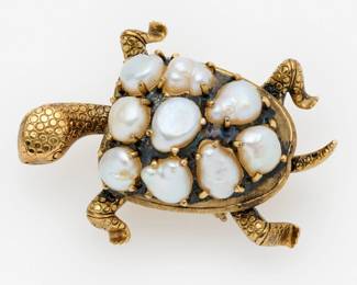 40.  14k Baroque Pearl Turtle Brooch