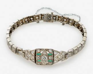 102. 18k Art Deco Diamond Emerald Bracelet