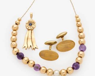 121. Lot of 14k Jewelry: Gold Amethyst Bead Necklace, Cufflinks, Sapphire Pendant