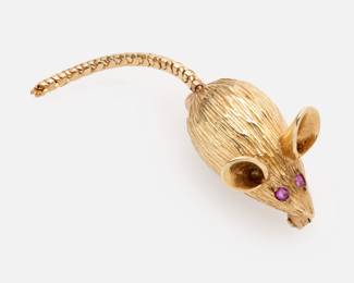 164. 14k Mouse Brooch with Ruby Eyes