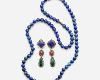 16. Navajo Melvin Francis Sterling Earrings + Lapis Bead Necklace