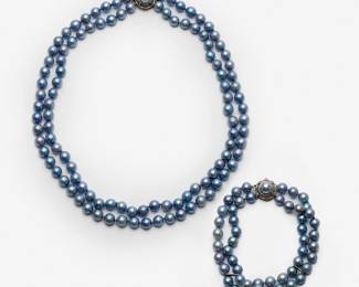 38. Akoya Blue Pearl Necklace + Matching Bracelet 14k