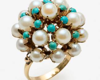 104. 9k Turquoise Pearl Cluster Ring