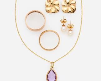 167. Lot of 14k Gold Jewelry: Amethyst Necklace, Ring Bands, Pearl Earrings + Jackets