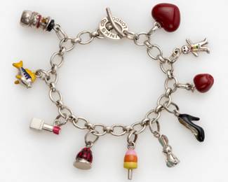 132. Links Of London Sterling Charm Bracelet: Lipstick, High heel, Snowman, Apple etc.