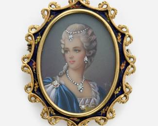 73. 18k Painted Portrait Brooch Pendant  w/ Diamonds Signed, Italy