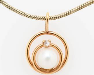 168. Diamond, Pearl Necklace Pendant On Sterling Vermeil Chain  