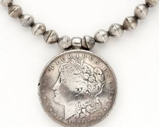 127. Native American Morgan Dollar Bead Necklace