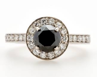 13. 14k Black and White Diamond Halo Ring NWT, AIG Certified.