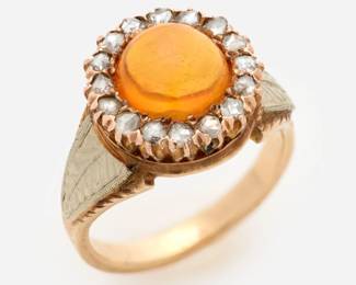 74. Antique 14k Fire Opal Halo Ring w/ Rose Cut Diamonds, Size 3