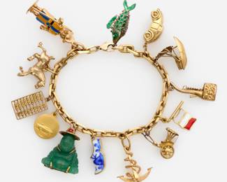 106. 18k Gold Charm Bracelet w/ 13 charms: buddah, car, ship, horse etc.