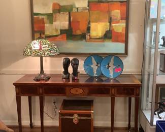 Pat Coulter artwork, enameled plates, inlaid buffet