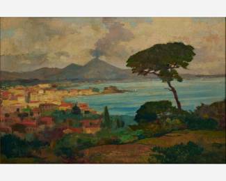 40.  Renato Natali Oil, View of Naples and Vesuvius Eruption