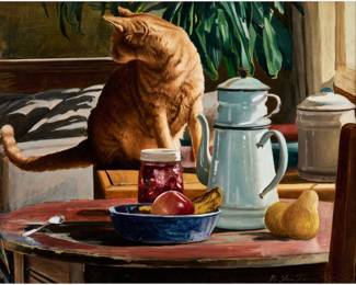 196. Duffy Sheridan Untitled Oil, Breakfast Table with Cat