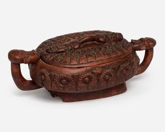 234. Large Carved African Bowl with Handles and Cover