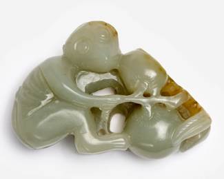 172.  Chinese Mottled Celadon Jade Monkey and Peach Group