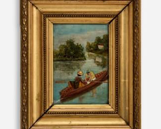 74. Charming Antique French Oil of Boaters 