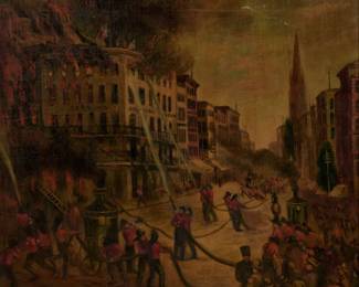 220. Antique "Burning of Barnum's Museum" Oil (ca. 1865)