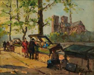 72. Georges Lapchine "Booksellers on the Seine" (Oil ca. 1940s) 