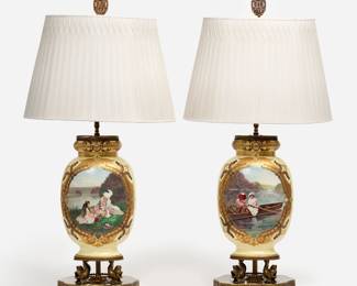 173. Vintage Pair of French Hand-Painted Buffet Lamps