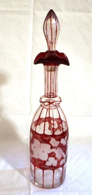 160 - Bohemian ruby vintage grape 17" decanter cut to clear
