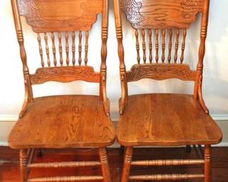 587 - 2 Oak Press Back & Spindle Chairs 42.5 x 18 x 18
