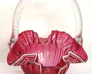 438 - Cranberry Art Glass Basket - 7 x 9
