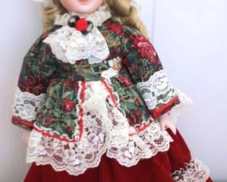 600 - Porcelain Christmas Doll w/ Stand - 16" tall
