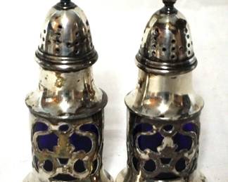 361 - Silver Plated Salt & Pepper Shakers w/ blue glass 4.5" tall
