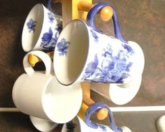 245 - Blue & White Coffee Mugs w/ holder
