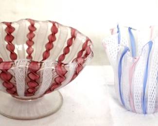 441 - 2 Venetian ribbon art glass vases 5.24 & 4 tall
