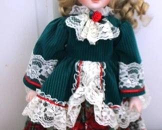 601 - Porcelain Christmas Doll w/ Stand - 16" tall
