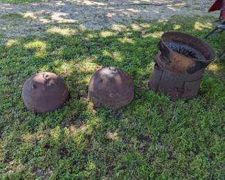 #12, #18 Iron cauldrons.  One larger caldron on heating pedestal has drilled hole (great planter) The other two are not drilled.