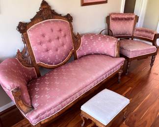 Late 1800's wood & upholstery settee & chair.