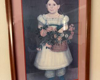 19th century Americana folk art, "Girl With Flowers".