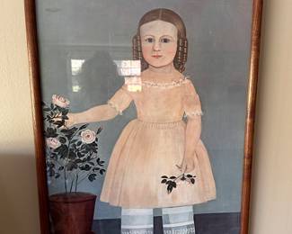 Folk art reprint, "Young Girl with Flowers" by S. Miller.