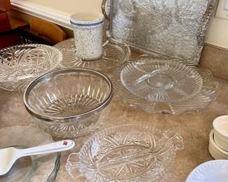 Cut crystal & pressed glass serving dishes.