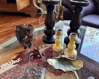 Chinese soapstone vase & wood candlesticks.