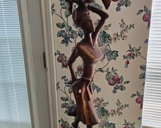 Hand Crafted Wooden Sculpture of a African Woman Walking with a Basket by Zanon