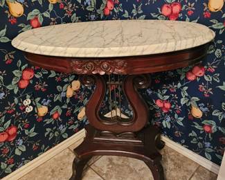 Victorian Empire Style Lyre Marble Top Side Table