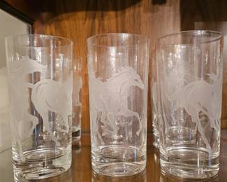 Set of Vintage Etched Equestrian Tumblers Glasses