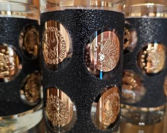 Vintage Libby Glass Tumblers MCM Faux Black Leather with Gold Coin Pattern in 22K
